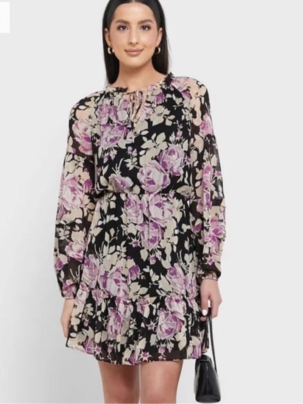 NWT Lauren Ralph Lauren Black Long-Sleeve Floral Tie-Neck Dress | Size 6